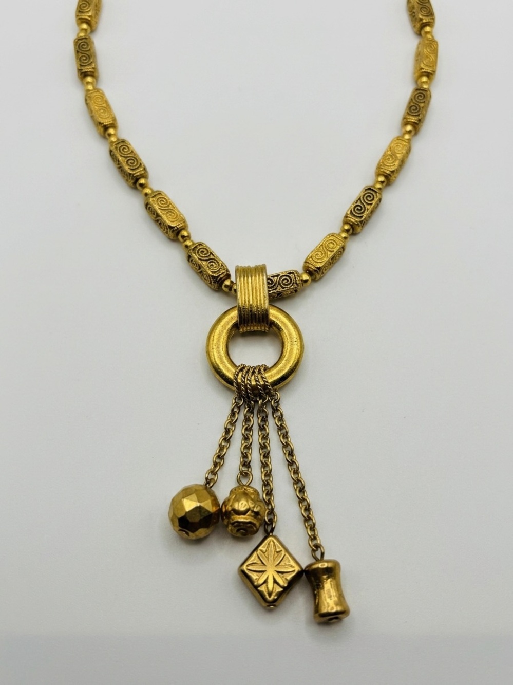 Vintage Gold-Tone Spiral Bead Charm Necklace Statement Piece - Picture 2 of 9